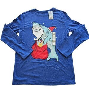 Cat and jack boys Sz XL 16 Christmas shark long sleeve shirt